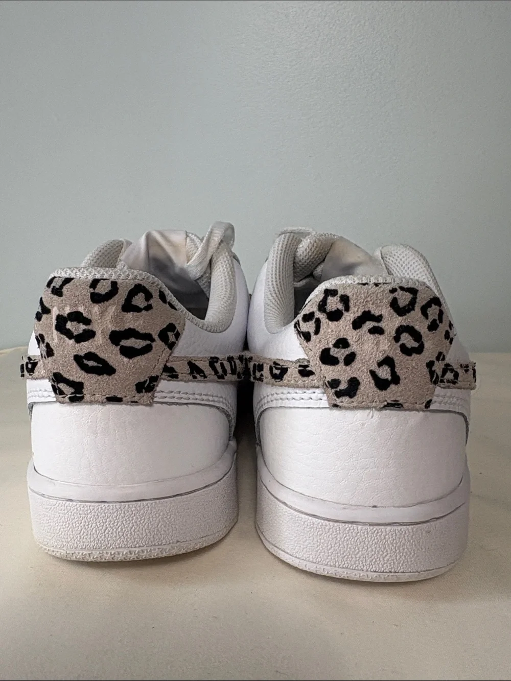 Nike Women's Court Vision Low White Sneakers with Leopard Swoosh